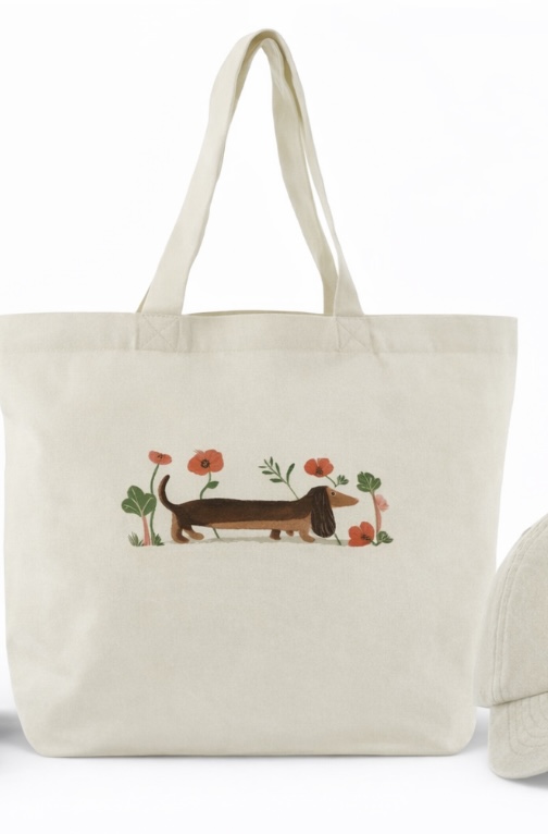 Beige totebag av lerret med trykk av hunden Poppy